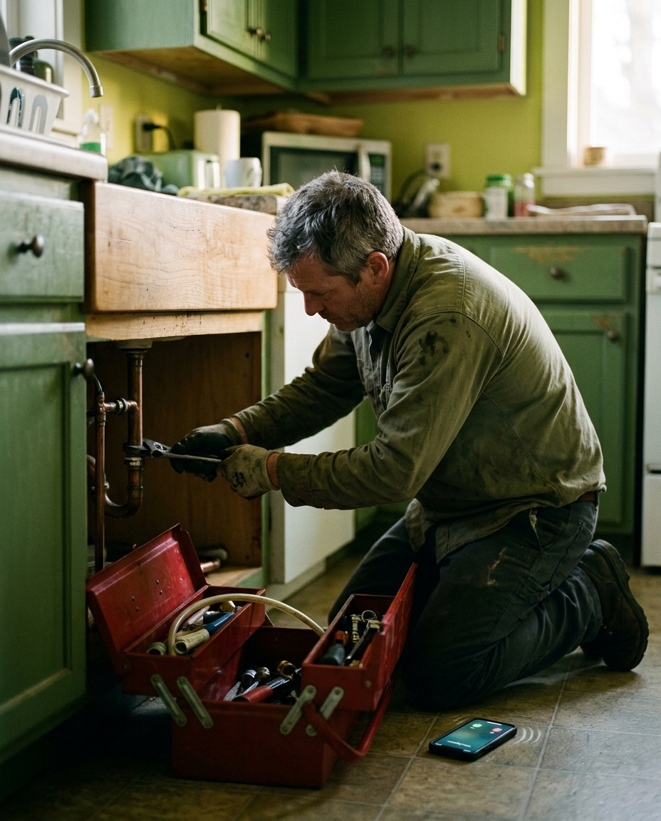A plumber on a job site with a phone ringing beside his toolbox